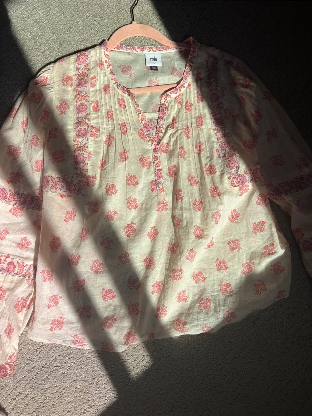CAbi Cream Top with Pink Floral Pintucks